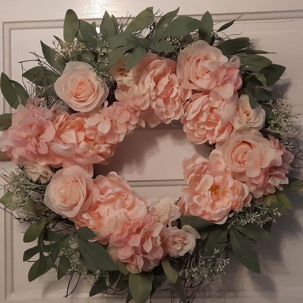 Wreath Blush Colored Rose Hydrangeas Silk Artificial Flower Indoor Outdoor
